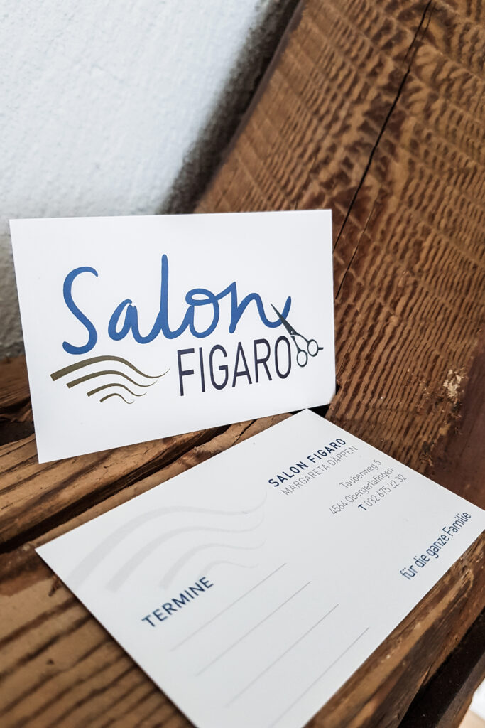 zwei Visitenkarten Vorder- und Rückseite Salon Figaro